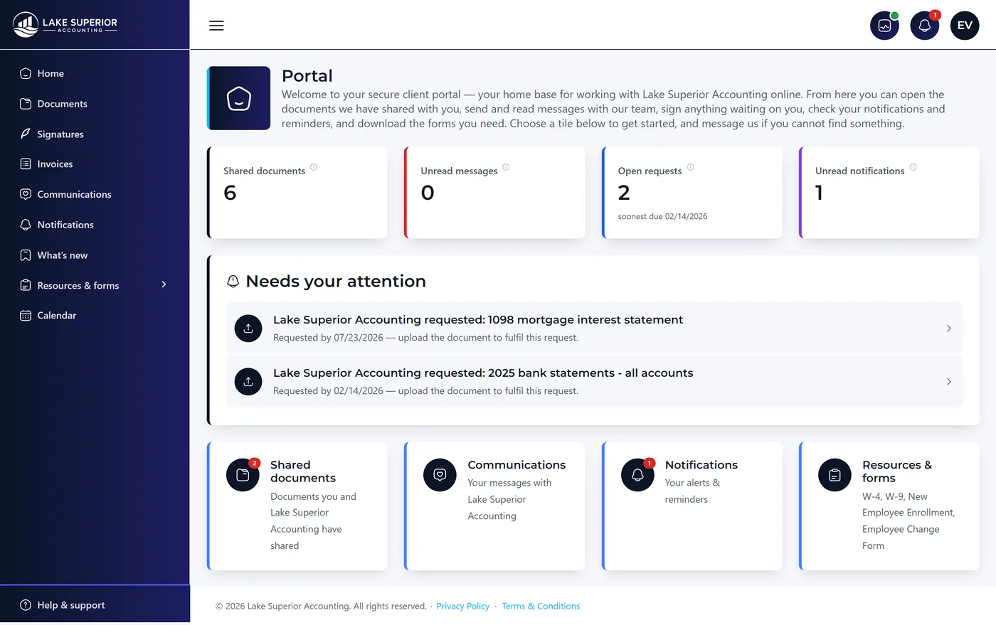 The client portal as a client sees it, carrying the firm’s own branding rather than Kveldo’s: one needs-your-attention panel with the two documents actually waiting on them.