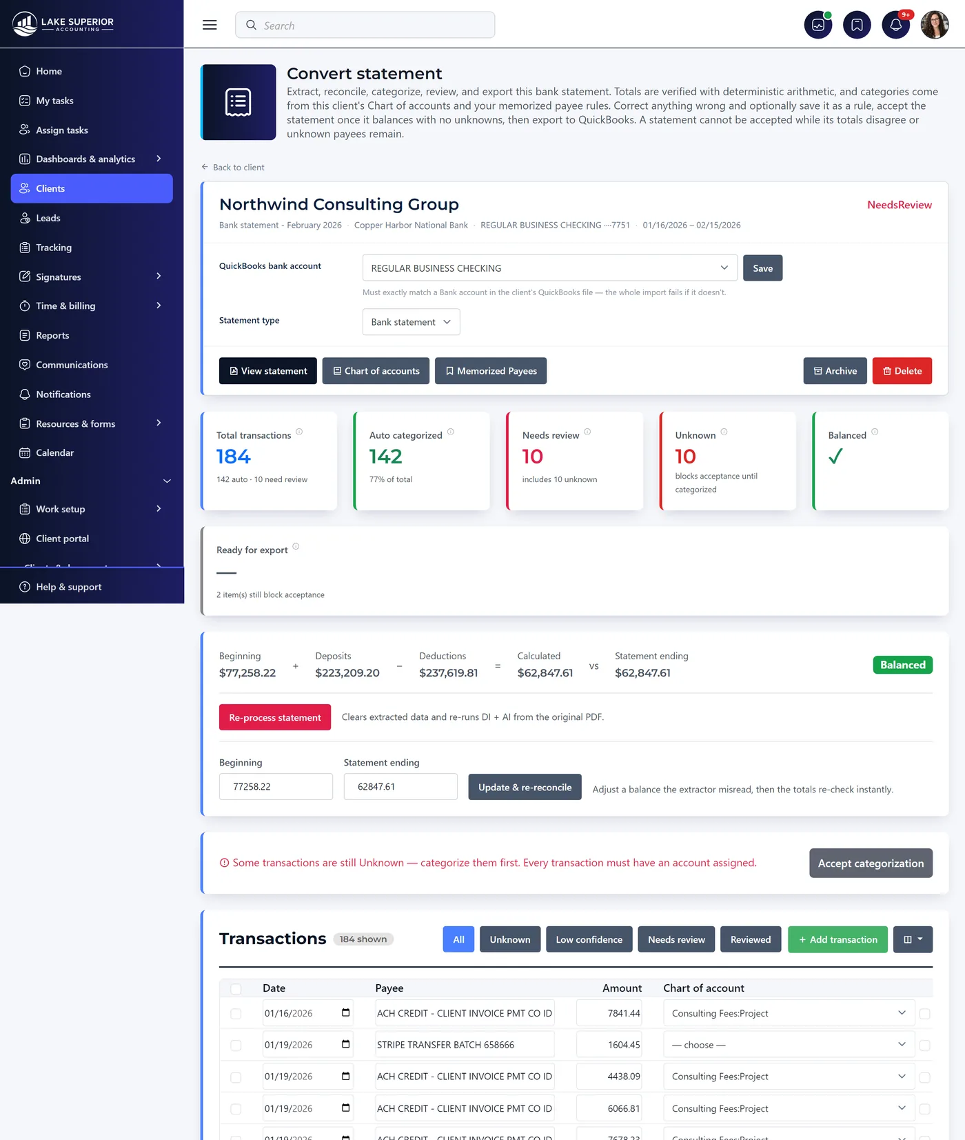 Statement conversion review: 184 transactions with 142 auto-categorized against the client’s own chart of accounts, and the totals reconciling to the penny.