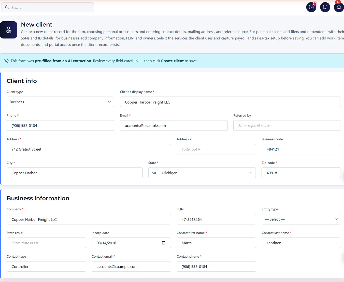 A new client record opened straight from an AI extraction: a banner states the form was pre-filled from an AI extraction and asks staff to review every field before saving, above the company name, phone, email, address and business code already filled in.