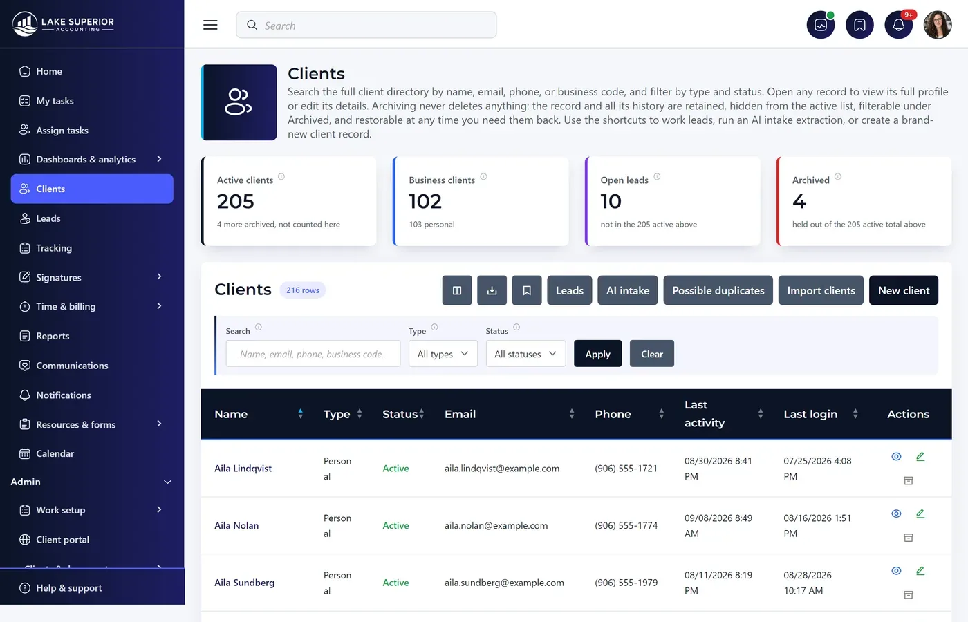 The client list for an accounting firm: 205 active clients split between business and personal, each row showing client type and the staff member assigned.
