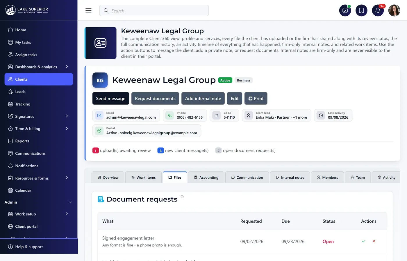 A client’s document vault, filed by category, with bank statements, exports, tax documents and client uploads distinguished and staff-only files marked.