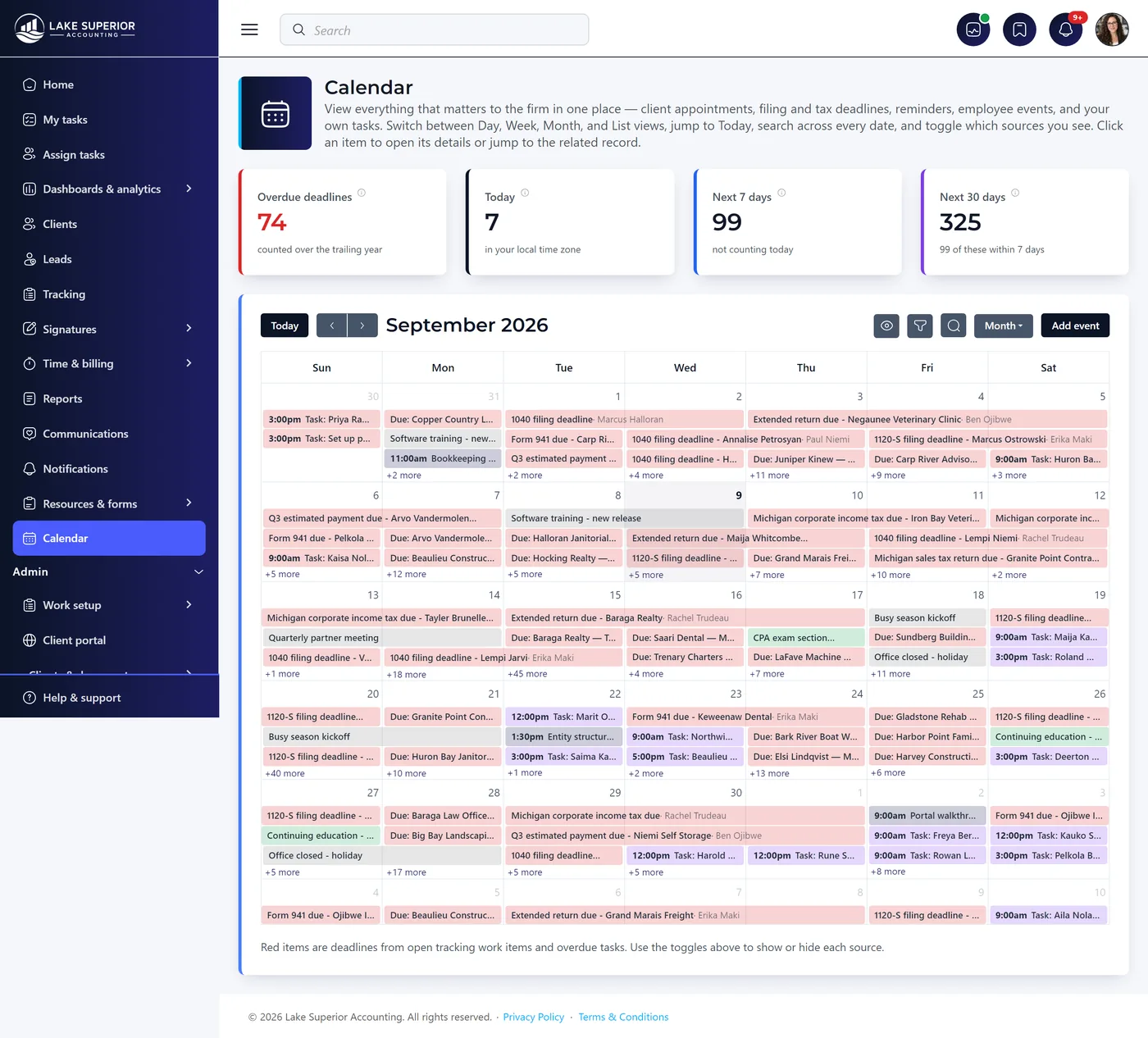 The deadline calendar showing upcoming tax deadlines, client events and firm-wide dates for the next 30 days.