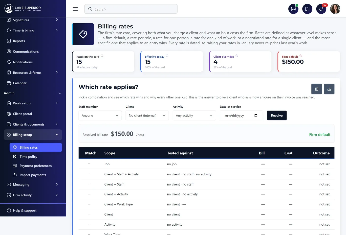 The rate resolution panel, showing which of five possible billing rates applies to an entry and why the most specific one wins.