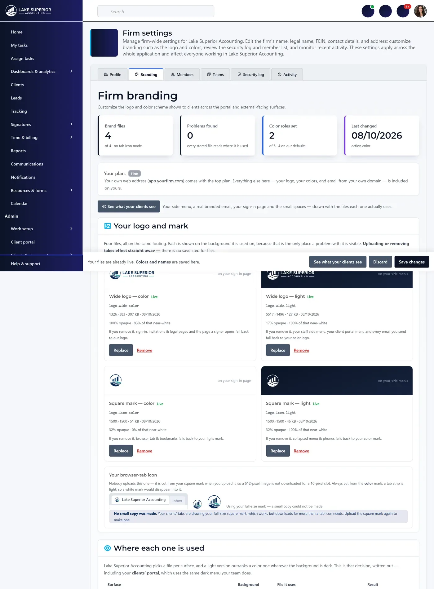 The branding screen a firm configures itself: four brand files each shown on the background it is actually used on, a table naming which file every surface draws, and five color roles each checked for readable contrast before use.